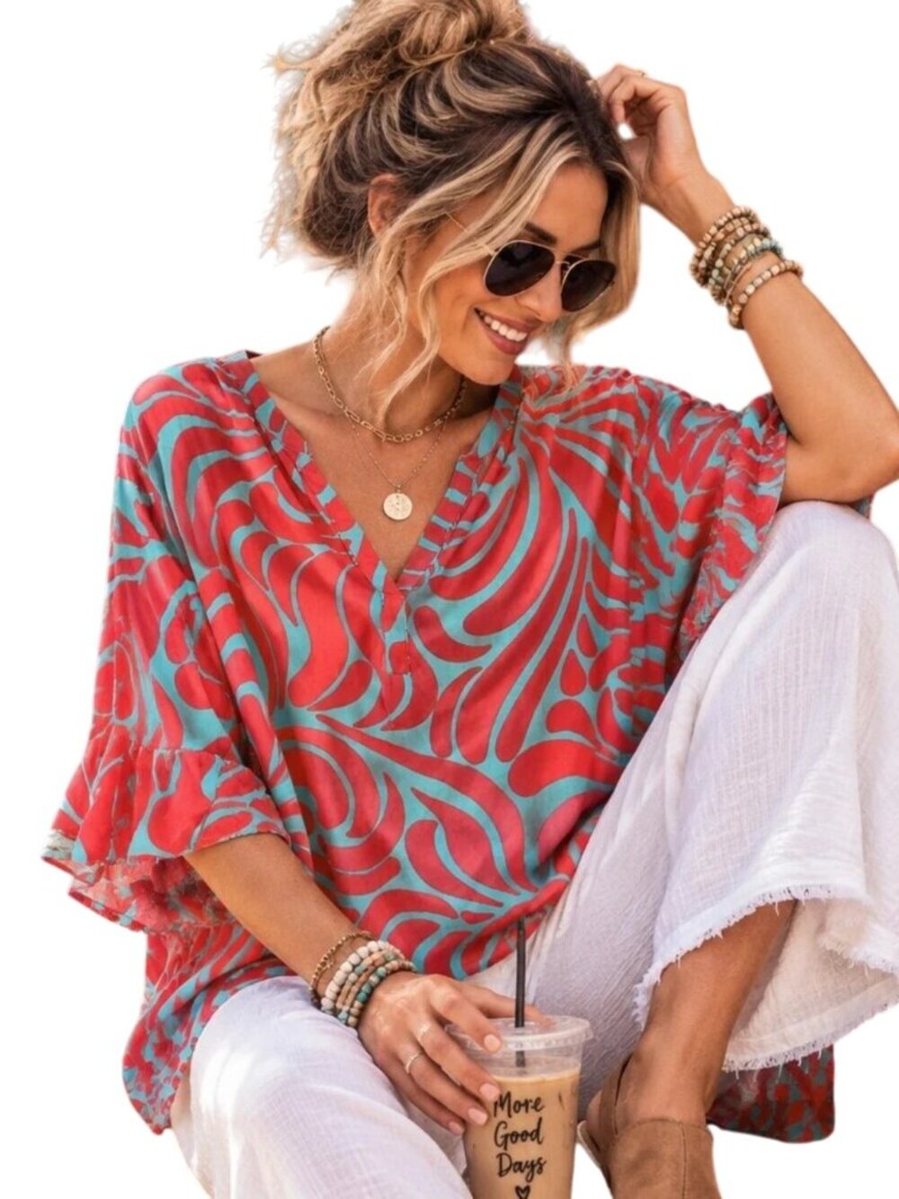 Escapada XL Coral Aqua Abstract Tropical Ruffle Sleeve Boho Blouse